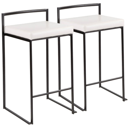 Two Fuji Contemporary Style Stackable Counter Stools with black metal frames and square white cushioned seats, minimalist backrests, and footrests are arranged side by side on a white background.