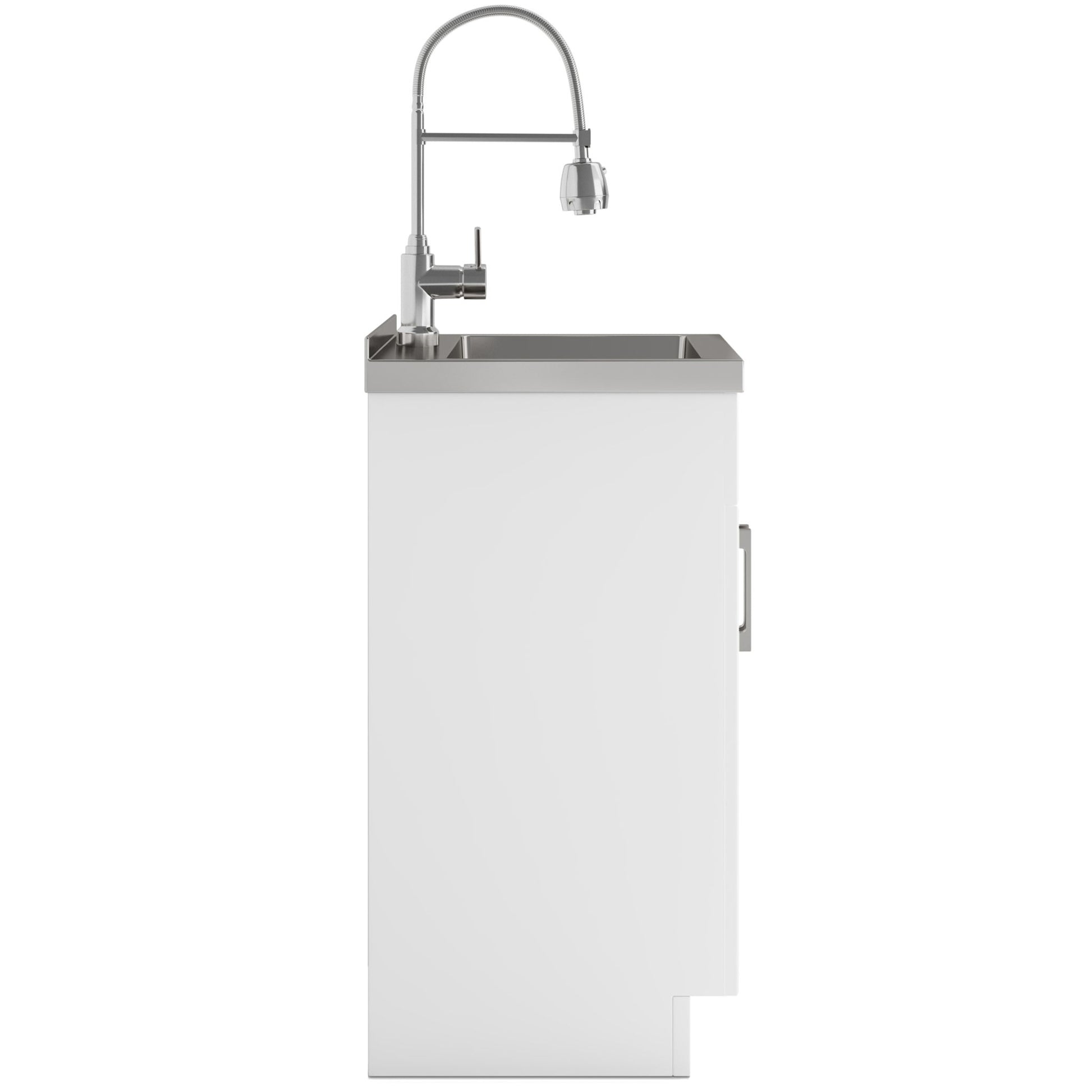 Side view of the Hennessy Deluxe Laundry Cabinet with stainless steel sink and high-arching faucet, isolated on a white background.