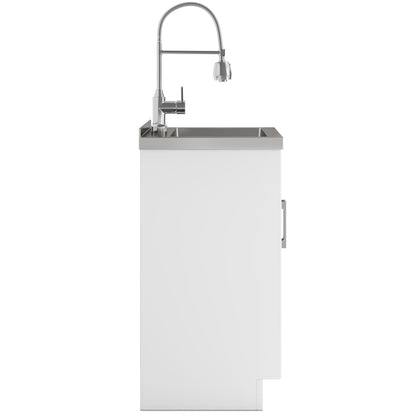 Side view of the Hennessy Deluxe Laundry Cabinet with stainless steel sink and high-arching faucet, isolated on a white background.