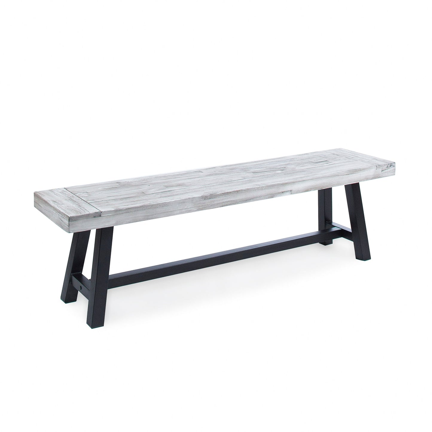 The Tranquilizer Outdoor Acacia Wood Bench features a modern slat panel design, a light gray rectangular seat, and black angled legs with a horizontal support bar, shown against a plain white background.