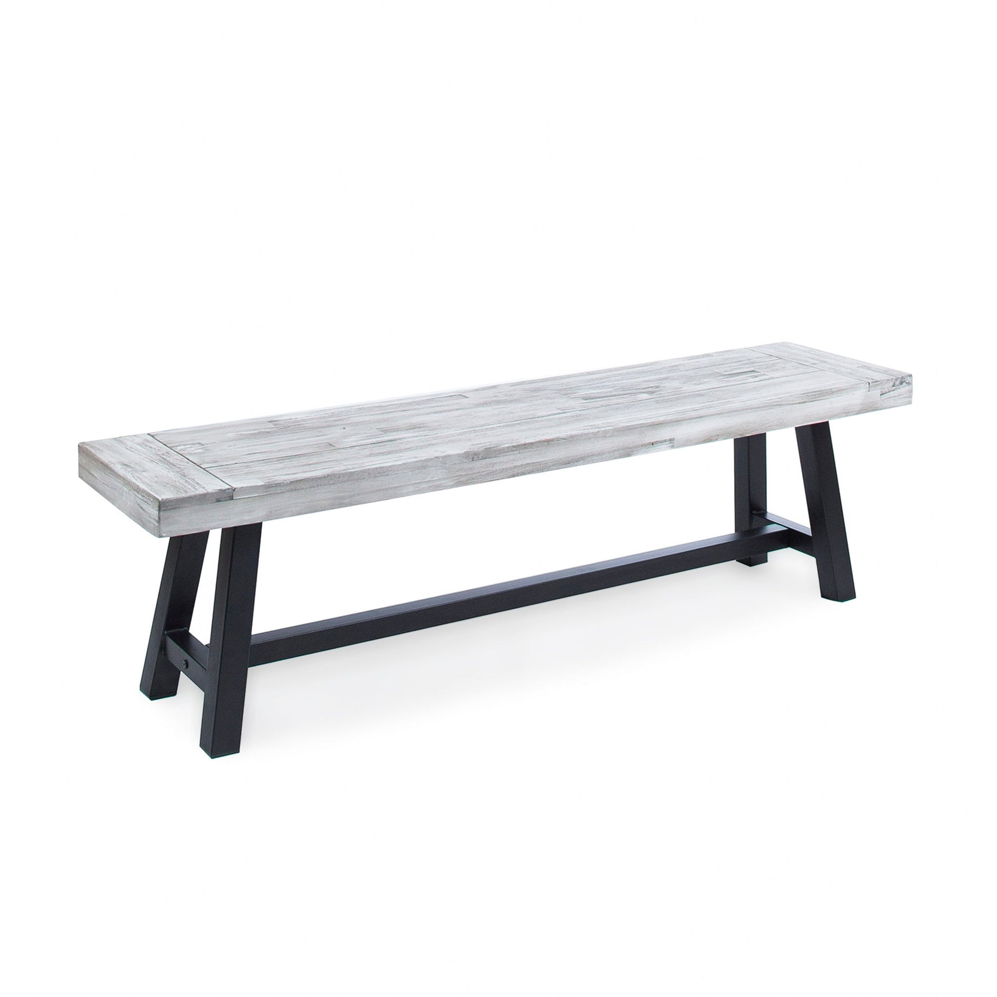 The Tranquilizer Outdoor Acacia Wood Bench features a modern slat panel design, a light gray rectangular seat, and black angled legs with a horizontal support bar, shown against a plain white background.