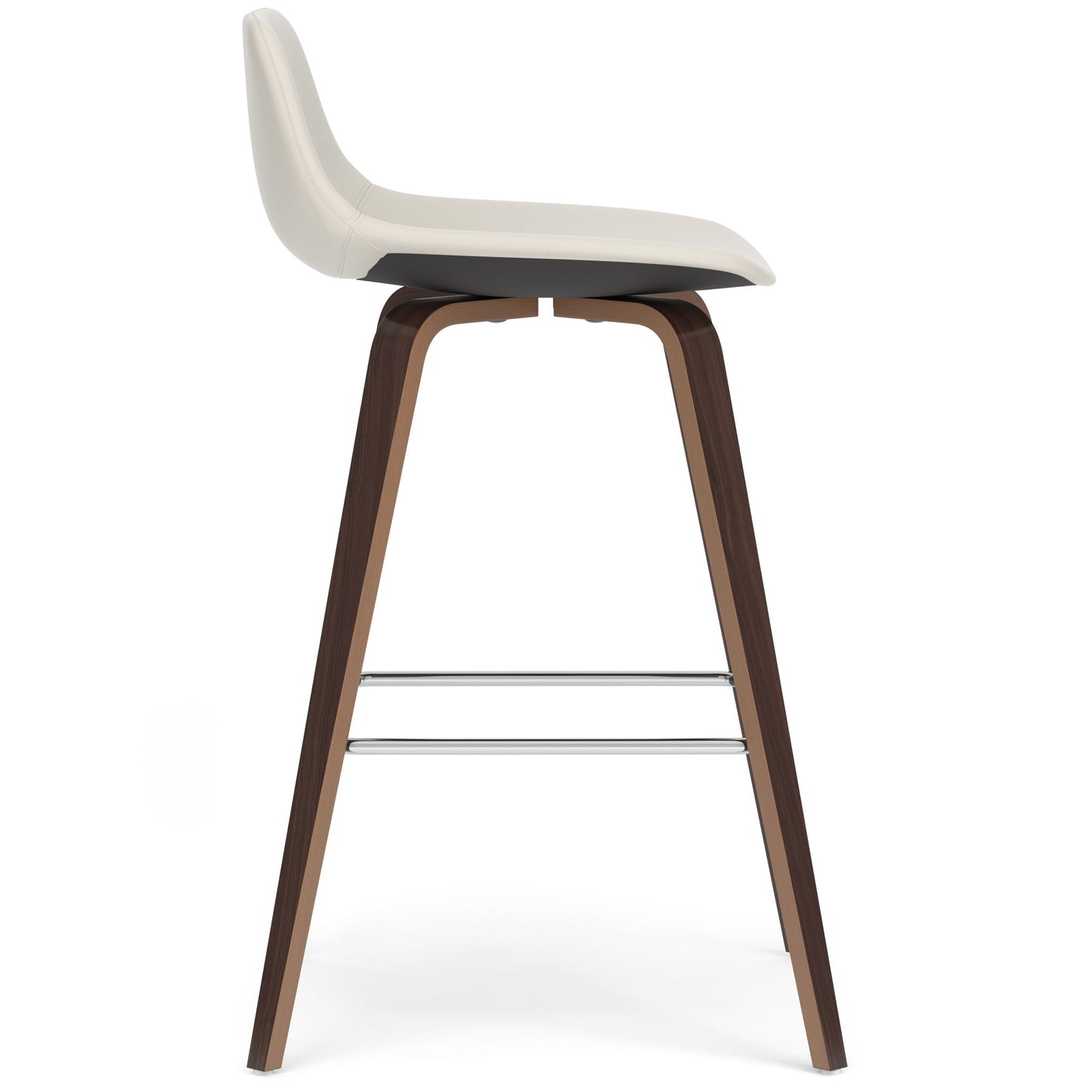 The Randolph Bentwood Counter/Bar Height Stool (Set of 2) features a modern design with a white curved seat, dark wooden legs, and metal footrests, shown from the side against a plain white background.