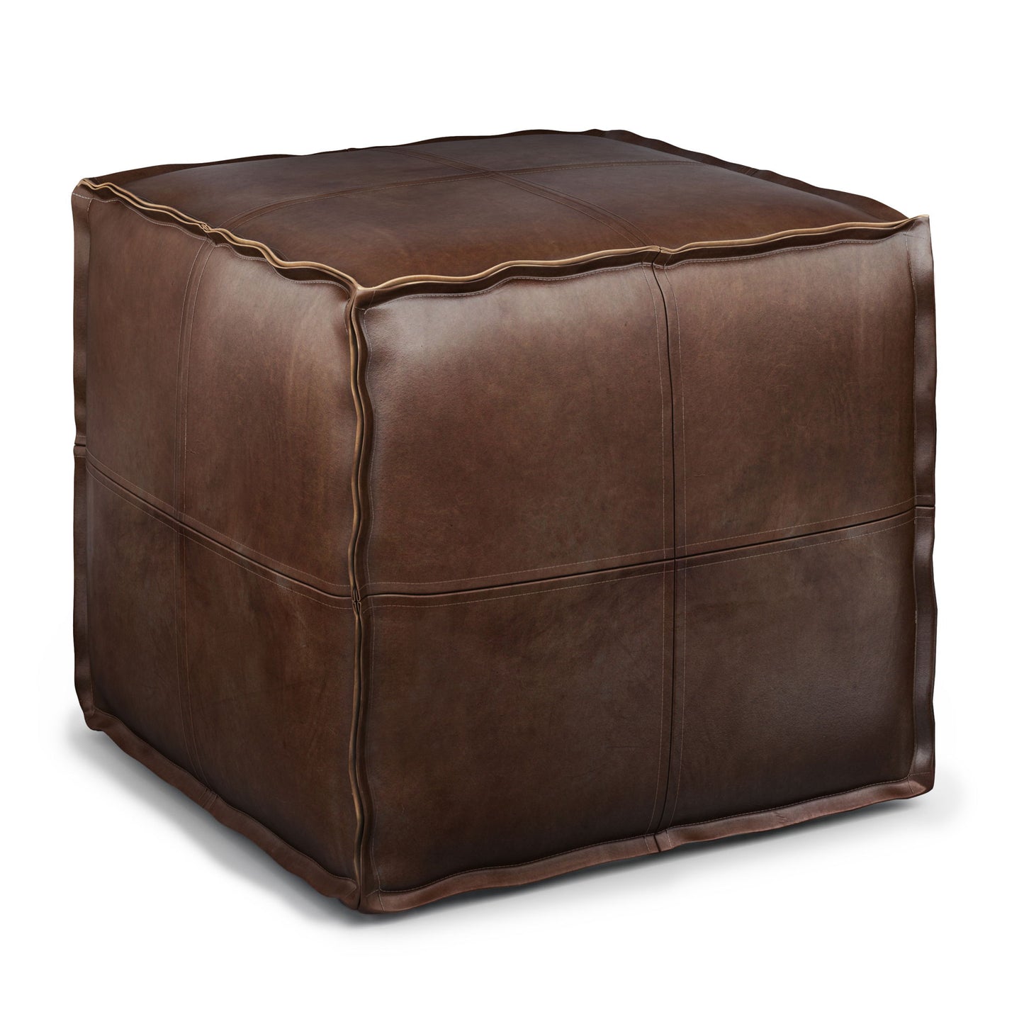 The Brody - Versatile Square Pouf is a brown leather ottoman with visible edge stitching, shown against a white background.