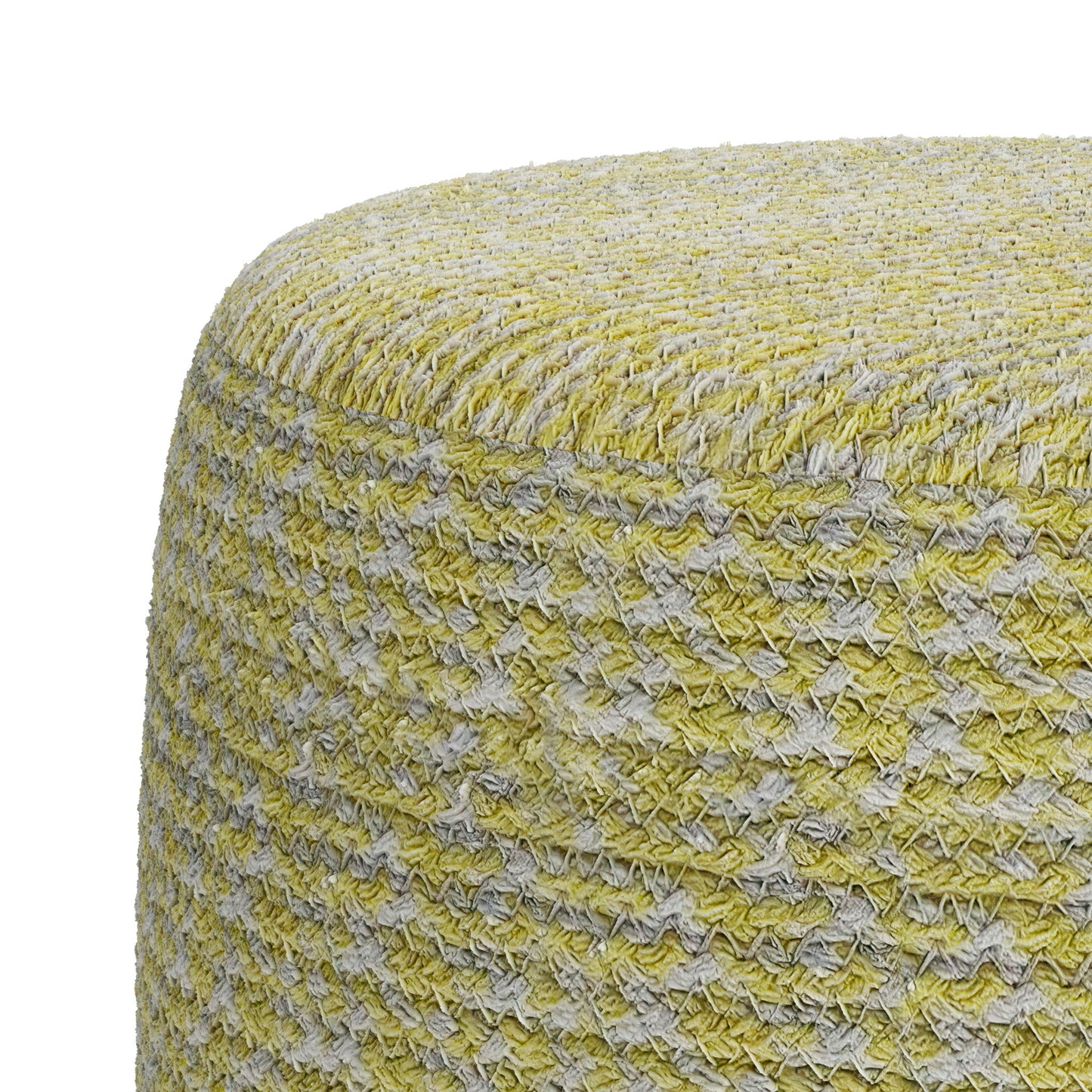 Close-up of the Bayley - Versatile Round Braided Pouf, featuring a woven pattern in light green and off-white fibers. The surface highlights detailed weaving and a soft, fabric-like texture.