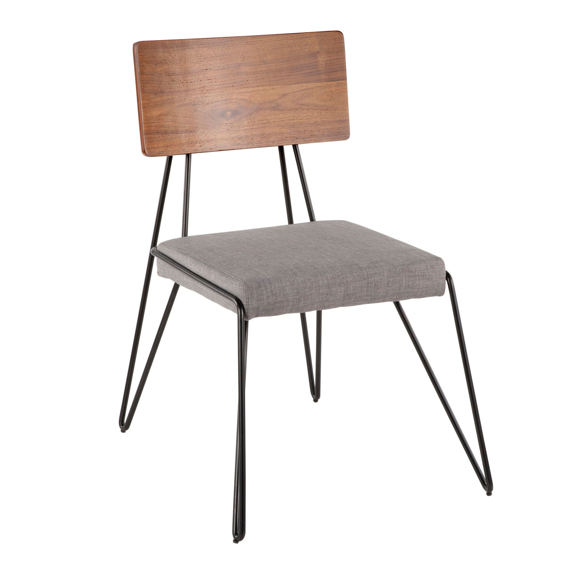 The Loft - Mid-Century Modern Chair (Set of 2) features a walnut wooden backrest, gray cushioned seat, and sleek black metal legs artfully angled outward for a minimalist look.