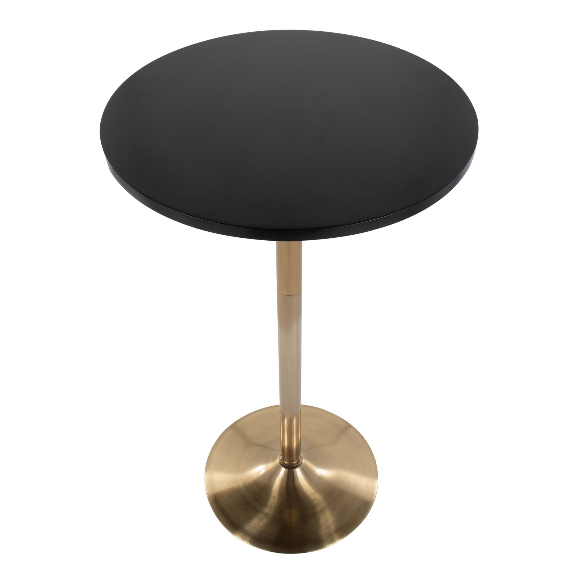 The Pebble Contemporary & Glam Adjustable Dining/Bar Table features a round black top, a single gold metal pedestal, and a circular gold base, displayed against a white background.