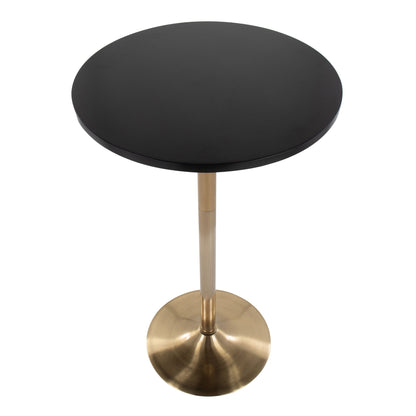 The Pebble Contemporary & Glam Adjustable Dining/Bar Table features a round black top, a single gold metal pedestal, and a circular gold base, displayed against a white background.