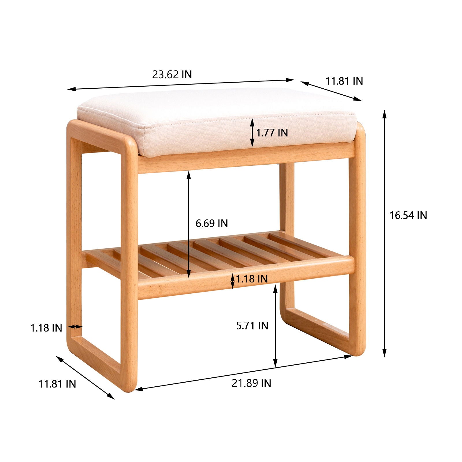 The Shoe Bench is a beech wood storage rack organizer with a high rebound sponge cushion, open lower shelf, and measures 23.62" W x 16.54" H x 11.81" D—ideal for entryways and shoe storage in natural finish.