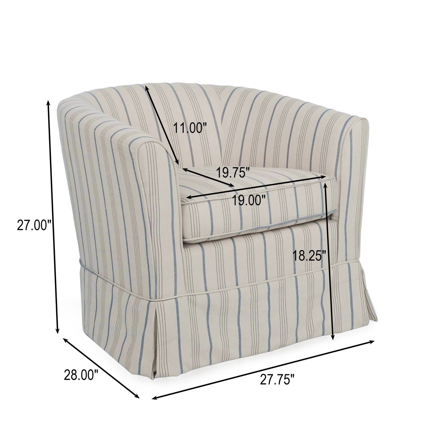 The Zeniqua Upholstered Velvet Swivel Chair With Loose Cover measures 28" deep, 27" high, and 27.75" wide. The seat is 19.75" wide, 19" deep, sits 18.25" from the floor, and has an 11" backrest height above the seat.