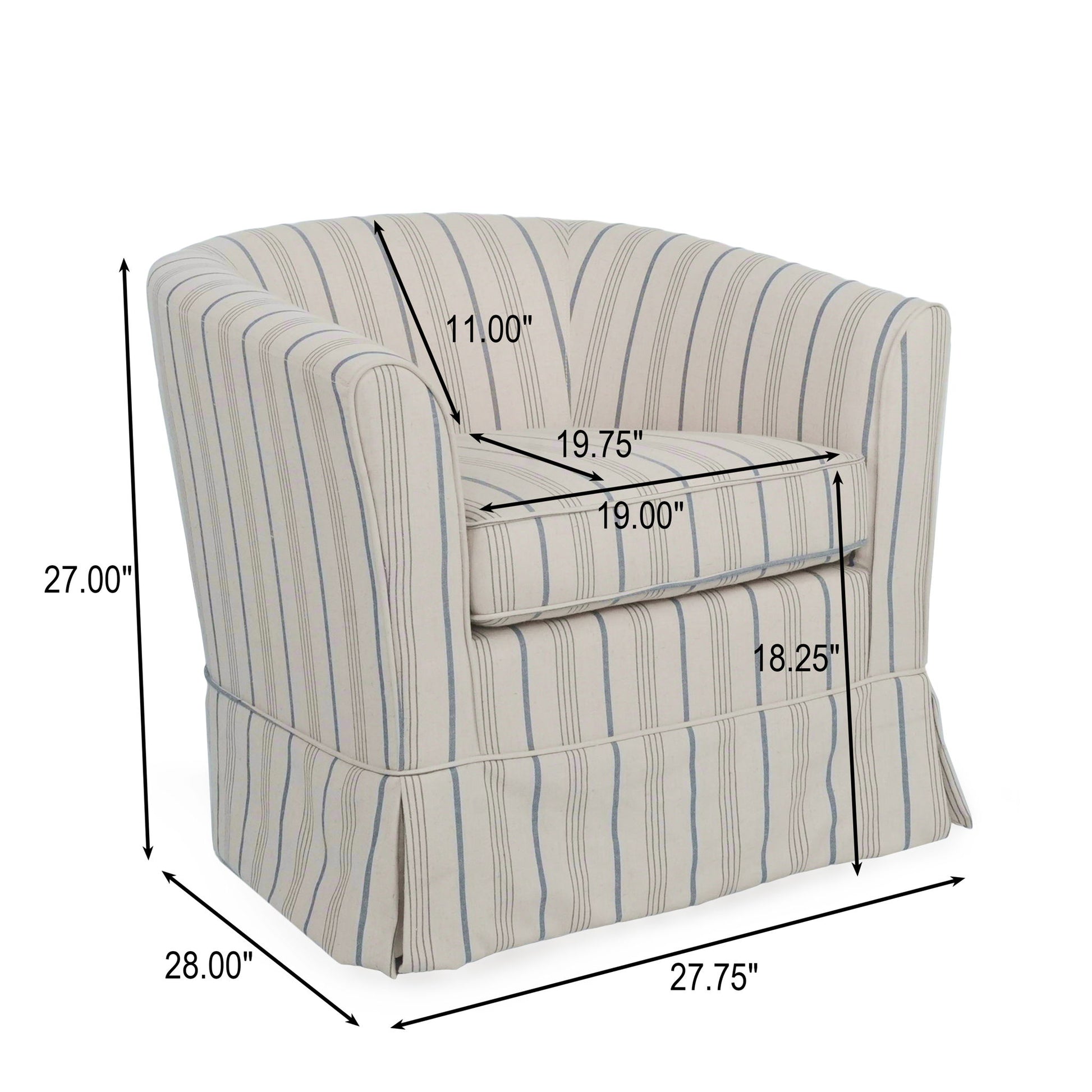 The Zeniqua Upholstered Velvet Swivel Chair With Loose Cover measures 28" deep, 27" high, and 27.75" wide. The seat is 19.75" wide, 19" deep, sits 18.25" from the floor, and has an 11" backrest height above the seat.