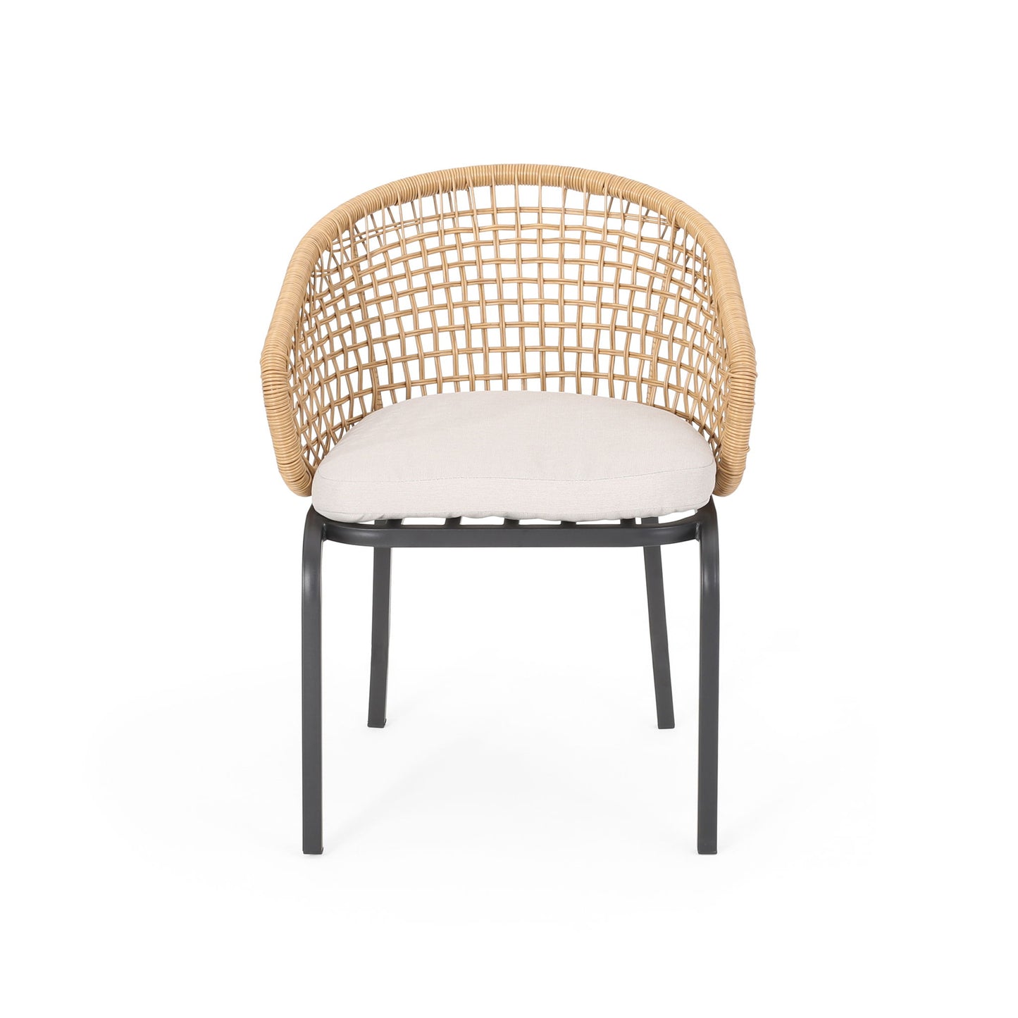 The Outdoor Wicker Chair features a curved wicker backrest, light beige seat cushion, and black powder-coated iron legs, shown against a plain white background.