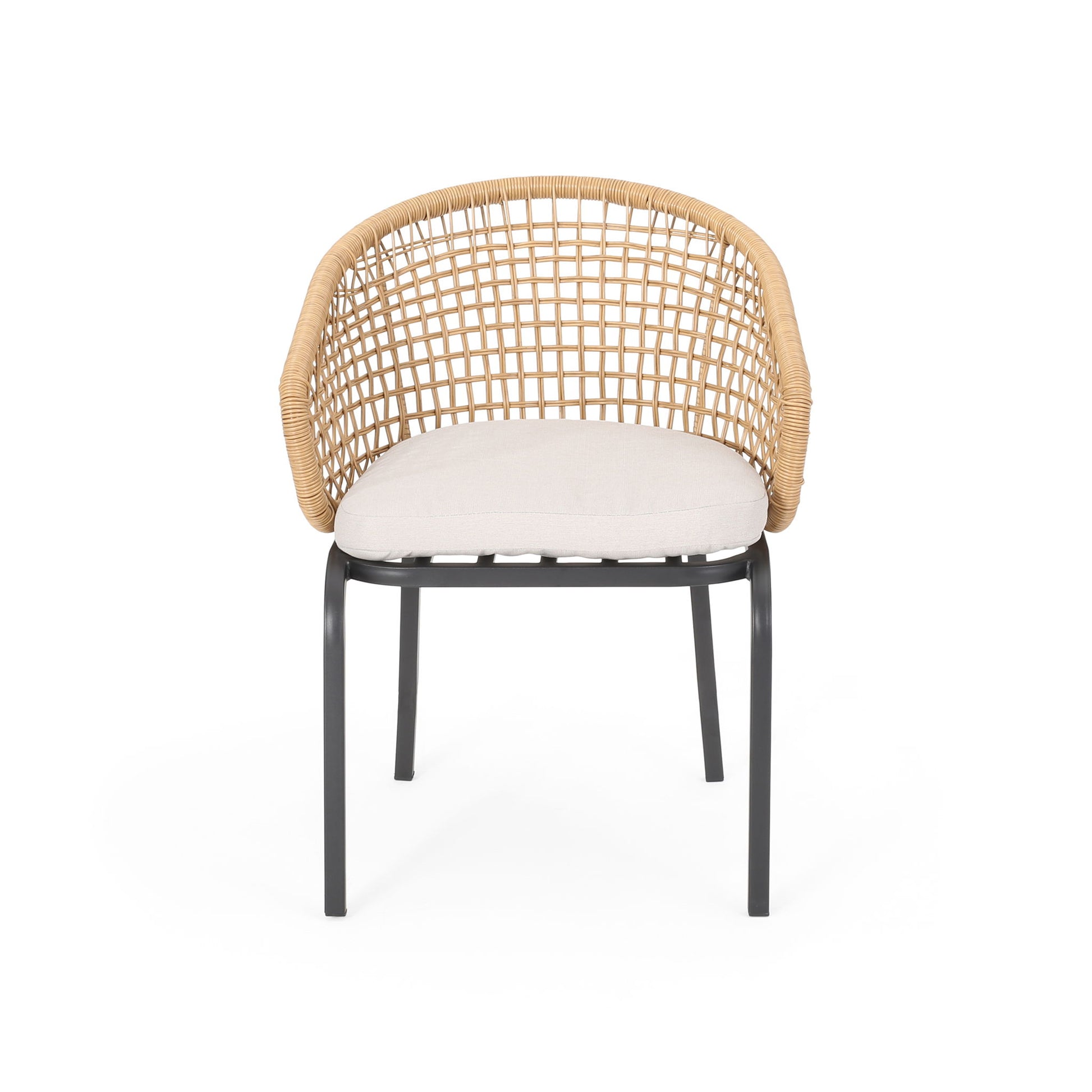 The Outdoor Wicker Chair features a curved wicker backrest, light beige seat cushion, and black powder-coated iron legs, shown against a plain white background.
