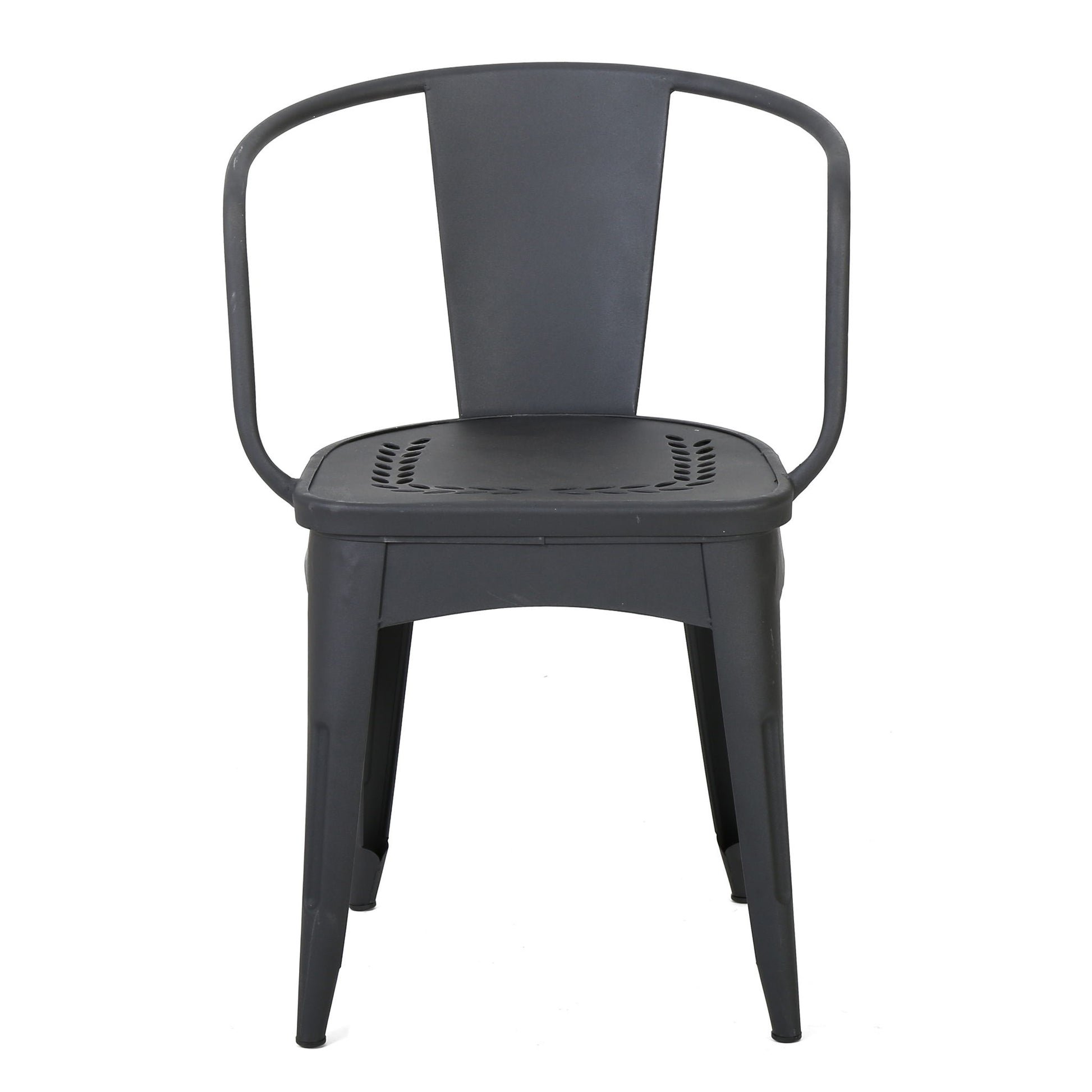The Ambrosia 3 Piece Bistro Set features black metal chairs with curved backrests, solid seats adorned with leaf motifs cutouts, and four angled legs for a simple, industrial look.