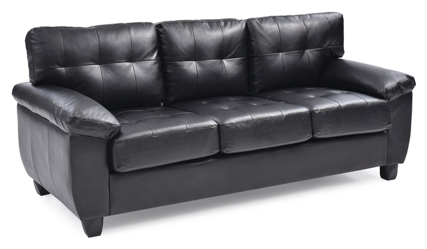 The Comfortable Sofa is a black leather three-seater with cushioned back and armrests, tufted seat and backrest, and short wooden legs.