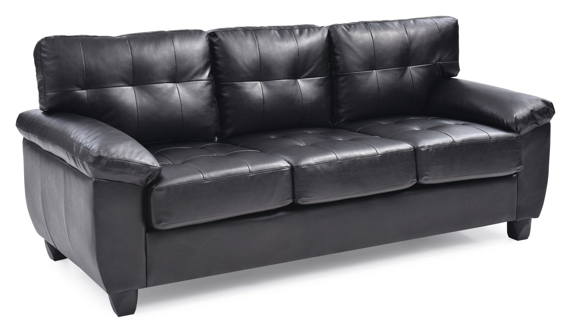 The Comfortable Sofa is a black leather three-seater with cushioned back and armrests, tufted seat and backrest, and short wooden legs.