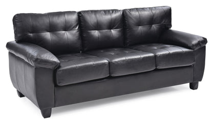 The Comfortable Sofa is a black leather three-seater with cushioned back and armrests, tufted seat and backrest, and short wooden legs.