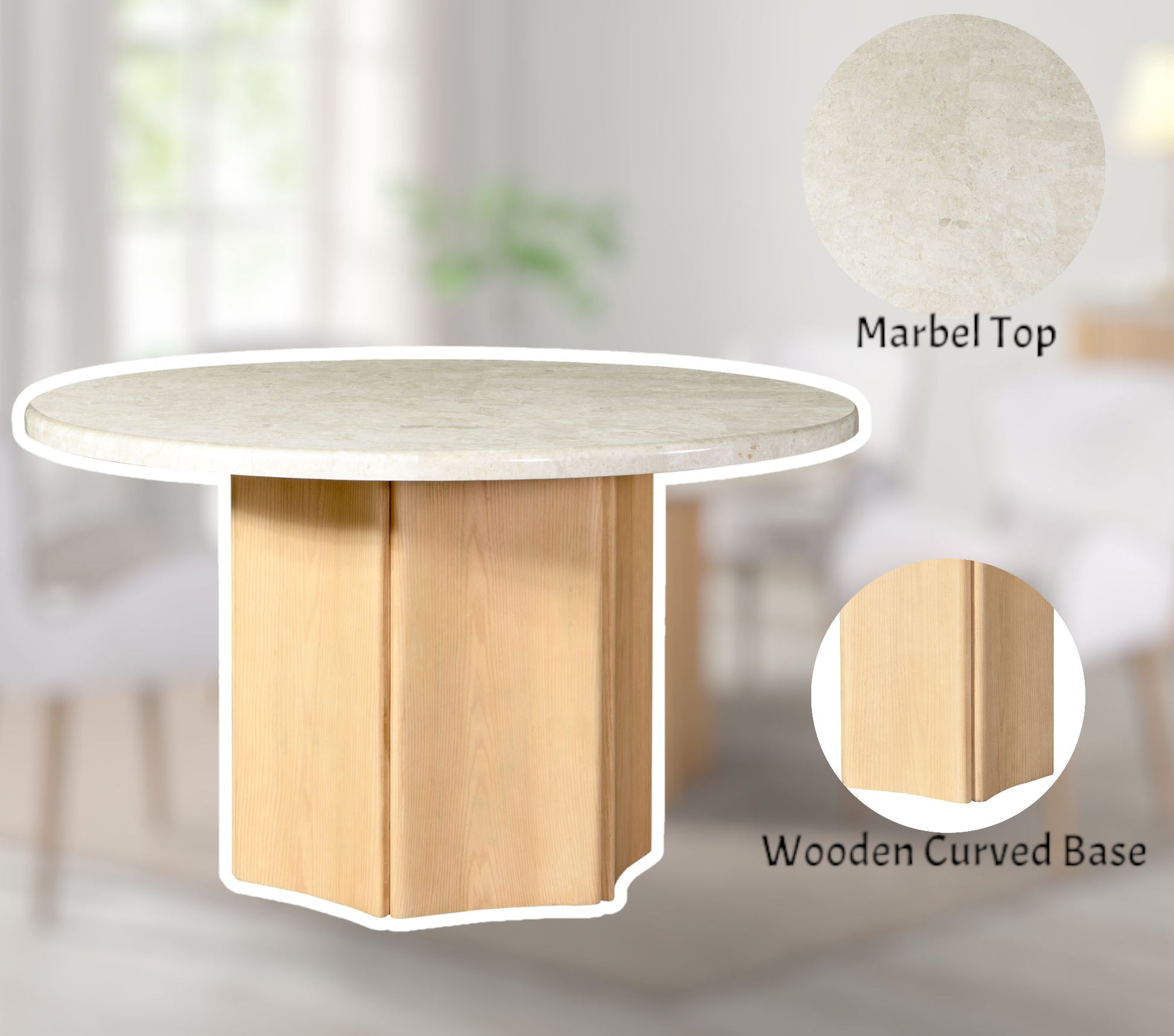 Qwin - Marble Top Round Dining Table - Natural is shown in a bright room, featuring a circular light marble top and a wooden curved base. Insets provide close-up details of the marble surface and wood texture.
