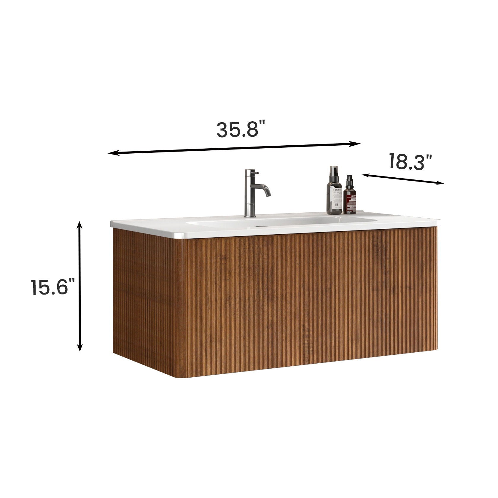 The Etna Striped Bathroom Vanity is a wall-mounted, modern floating vanity with a ribbed wood finish, ceramic sink, white countertop, faucet, and toiletry bottles. Dimensions: 35.8"W x 18.3"D x 15.6"H.