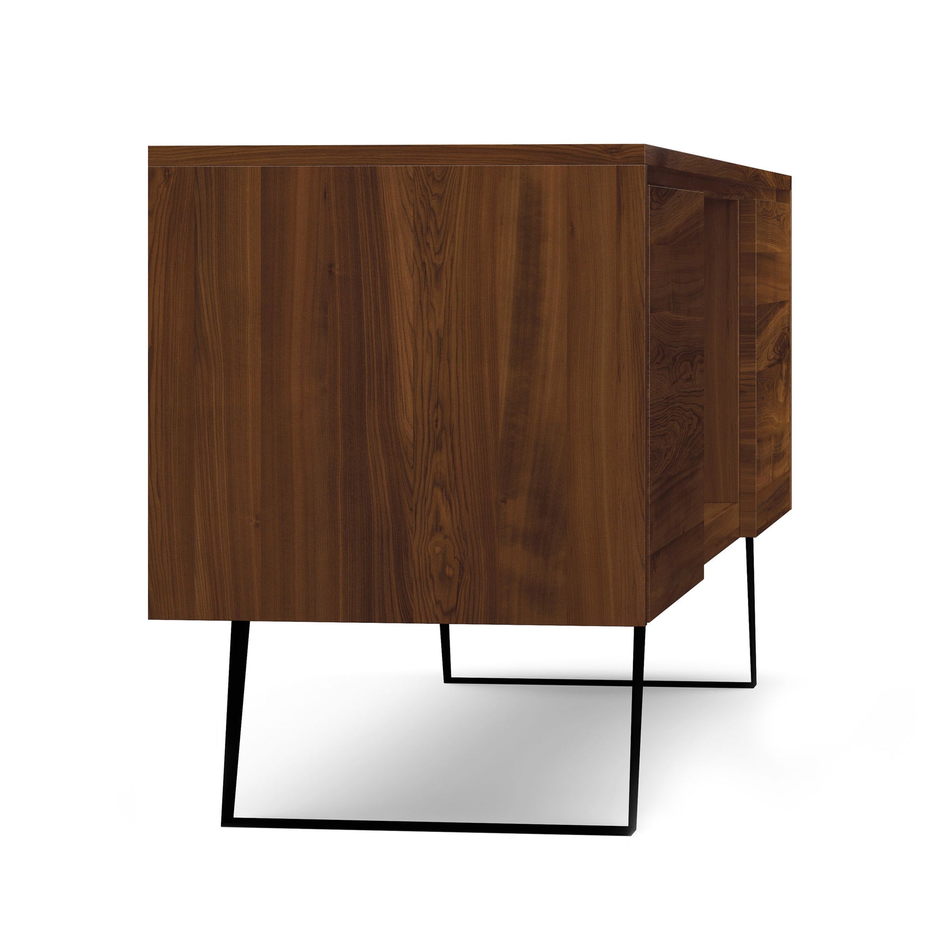 The Lowry Handcrafted TV Media Stand showcases a smooth wooden finish, clean minimalist lines, and slender black metal legs, pictured at an angle on a white background.