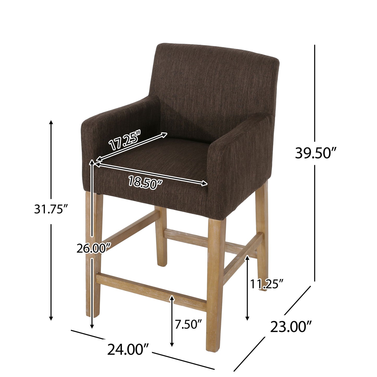 The Charmed Upholstered Counter Stool with H Frame Base and Round Arms is shown in brown with wooden legs. Dimensions: seat 18.5"W x 17.5"D, total height 39.5", seat height 26", arm height 31.75", depth 23", width 24", footrest at 11.25".