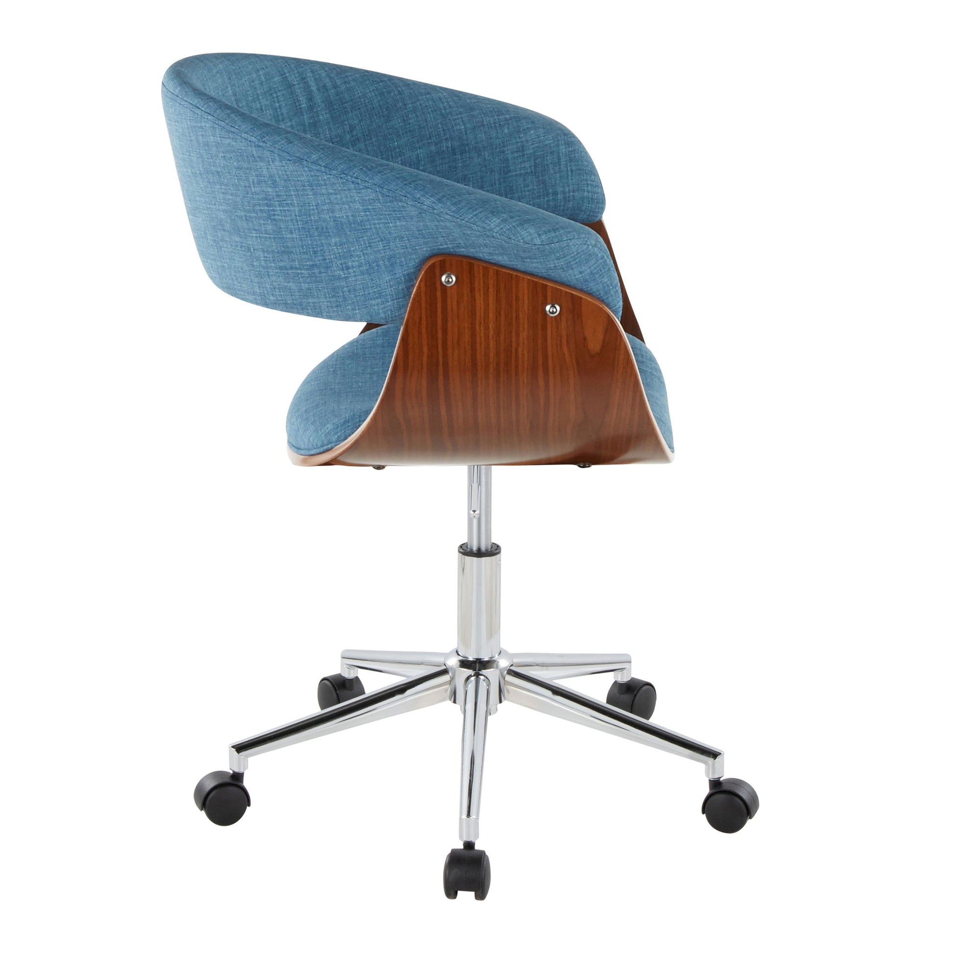The Vintage Mod - Mid-Century Modern Office Chair features light blue upholstered cushions, a curved wooden backrest, and a chrome five-wheel base, shown from the side.