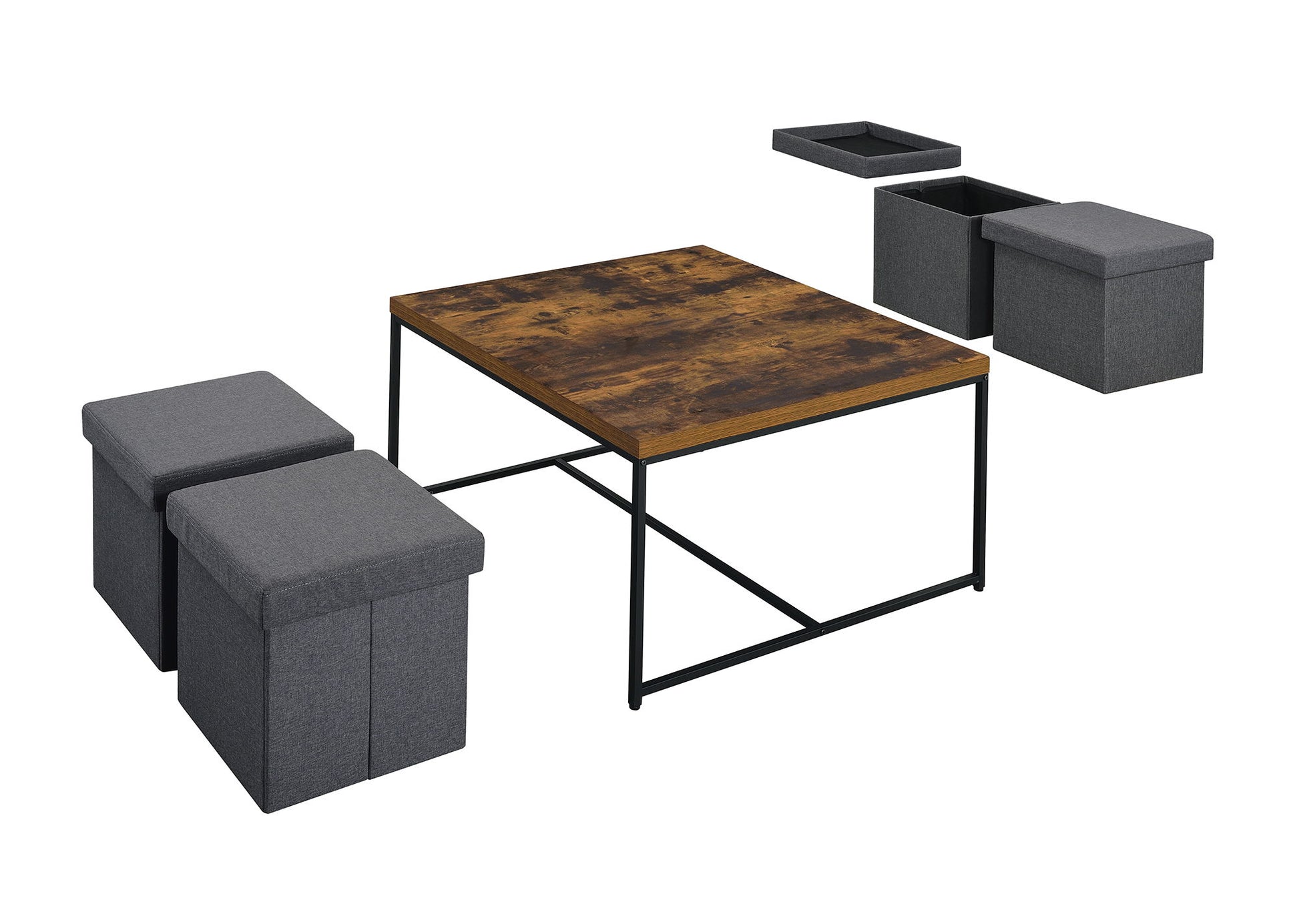 The Caitlin - Wood Grain 5 Piece Coffee Table set features a square table with a black metal frame, surrounded by four gray cube ottomans, two showcasing internal storage with their lids removed.