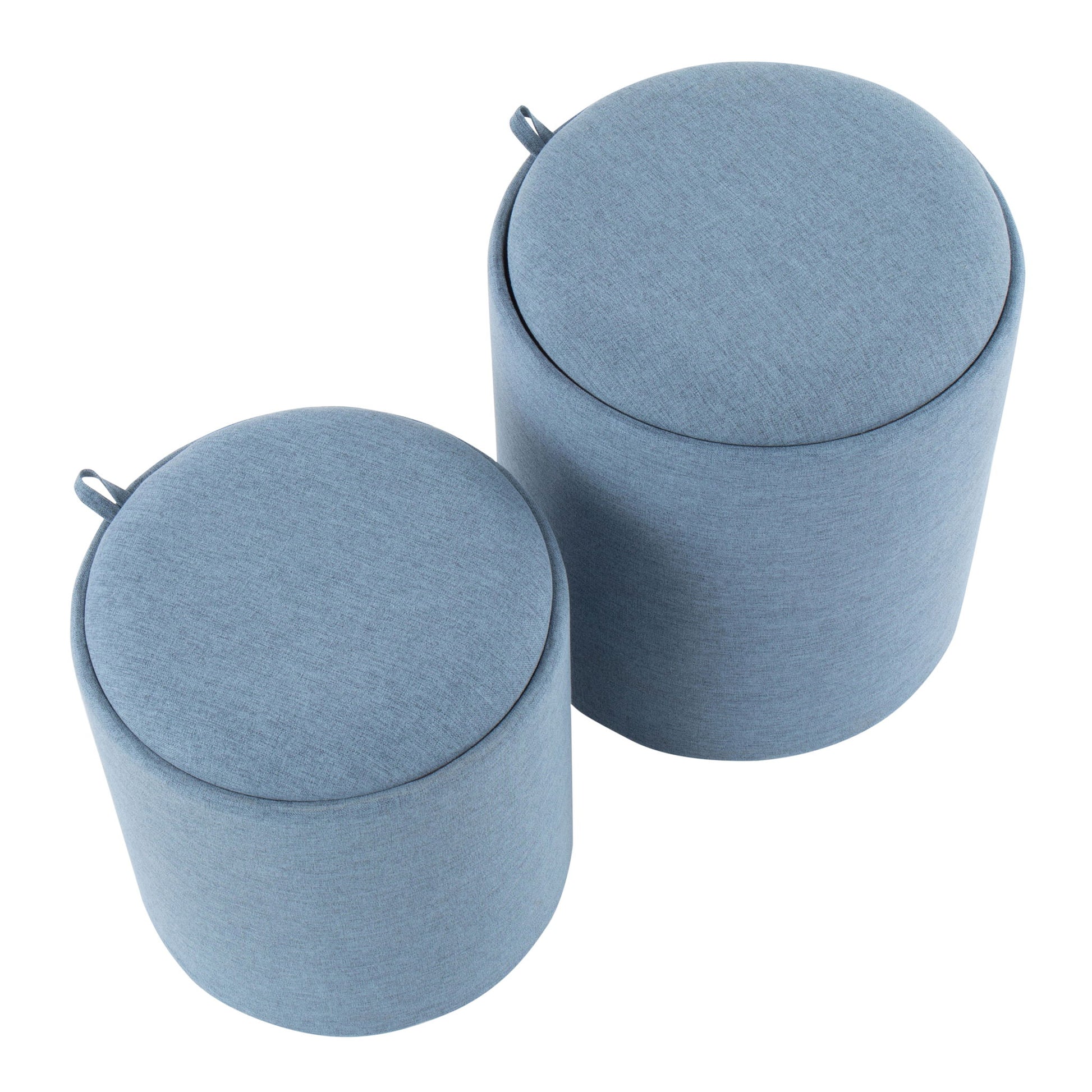 The Tray - Contemporary Nesting Ottoman Set features two round, light blue fabric ottomans in different sizes with side fabric loops, displayed together on a white background.