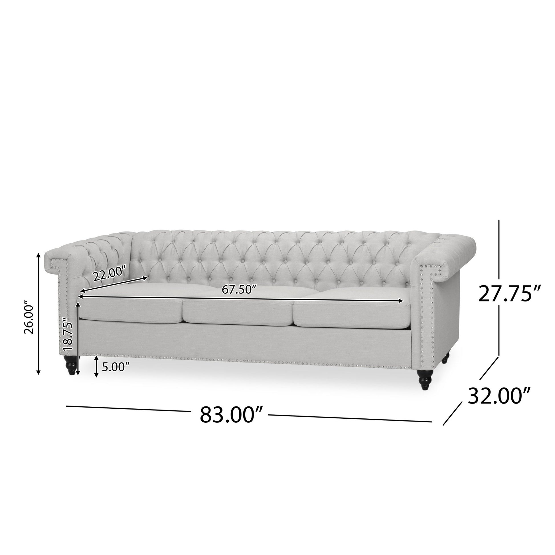The Chesterfield Style 3 Seater Sofa features light gray deep button tufting, rolled arms, and three seat cushions. Dimensions: 83" W x 32" D x 27.75" H; seat: 22" D x 18.75" H x 67.5" W; arm height: 26"; leg height: 5".