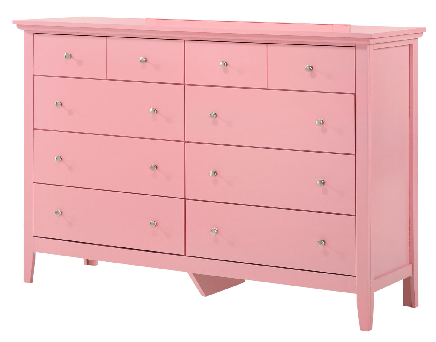 The Elegant Casual Dresser For Any Room is a pink wooden dresser with nine drawers, each with a round silver knob. It stands on four legs and features a modern, simple design.