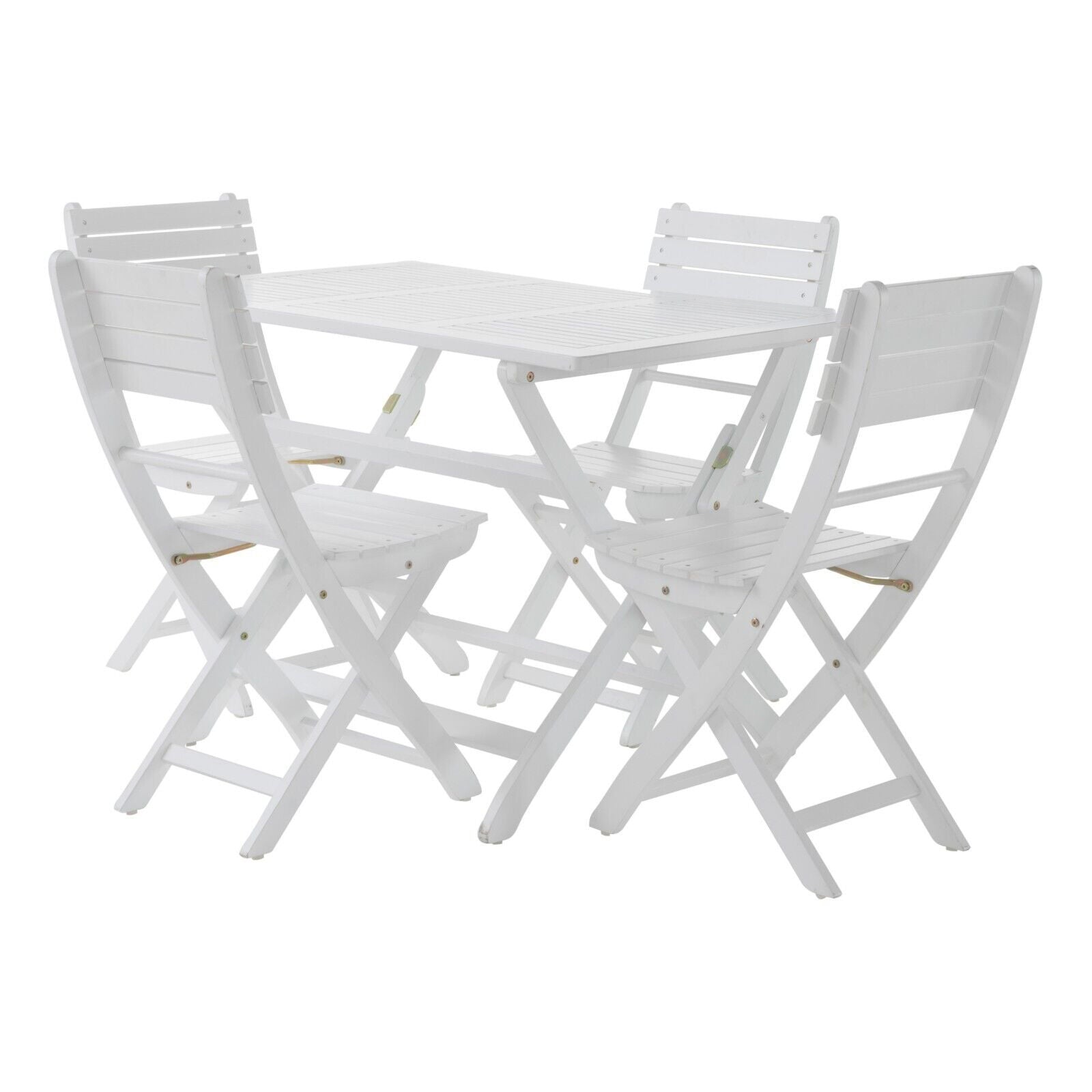 The Positano - Foldable Dining Set features a white, slatted wood rectangular table and four matching folding chairs in a minimalist style, perfect for patios or gardens.