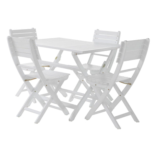 The Positano - Foldable Dining Set features a white, slatted wood rectangular table and four matching folding chairs in a minimalist style, perfect for patios or gardens.