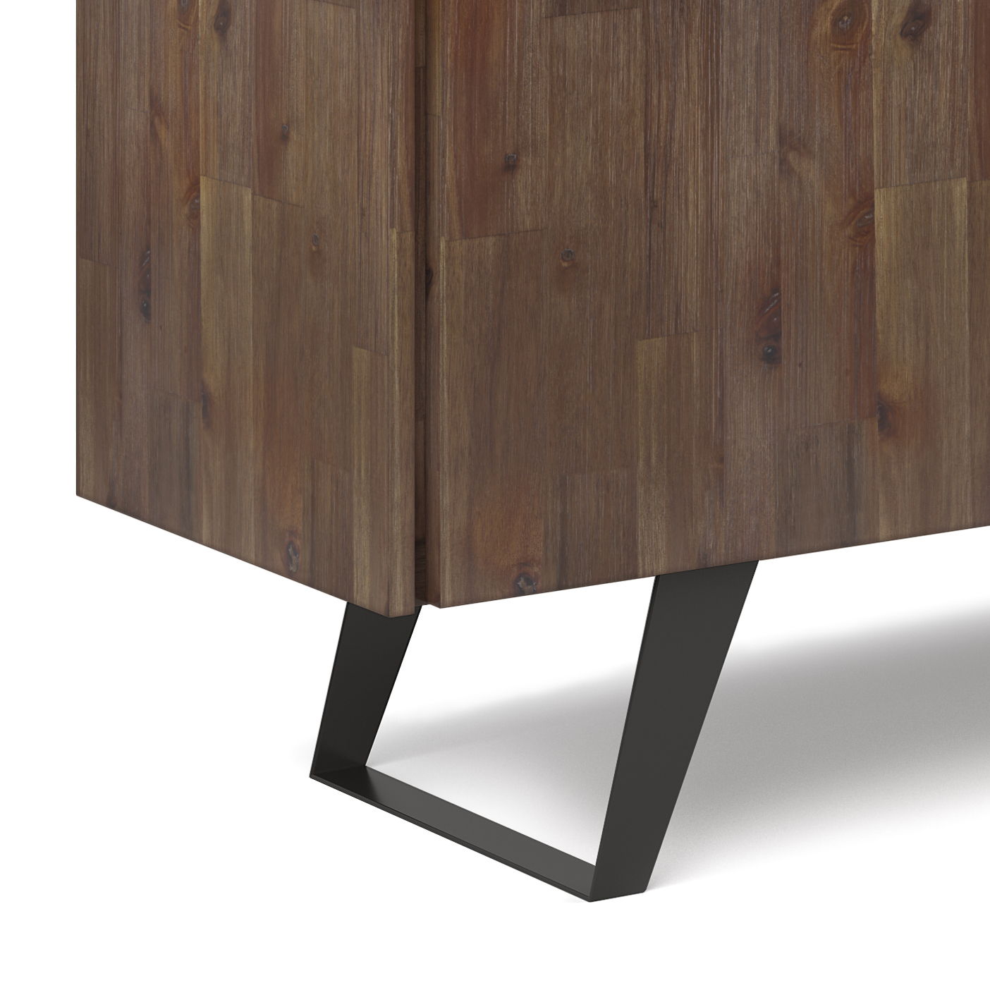 Close-up of the Lowry - Handcrafted Sideboard Buffet, showcasing its brown wood grain finish and black metal angled legs against a white background.