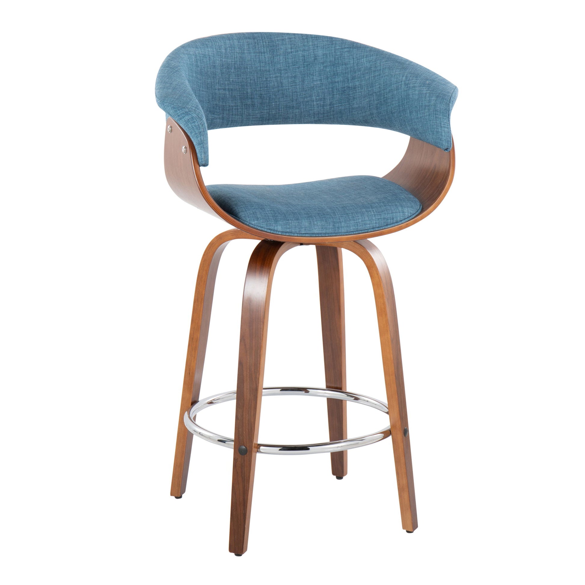 The Vintage Mod Mid Century Modern Fixed Height Counter Stool features curved wooden legs, a round chrome footrest, swivel function, and rounded backrests with blue fabric upholstery. Set of 2.