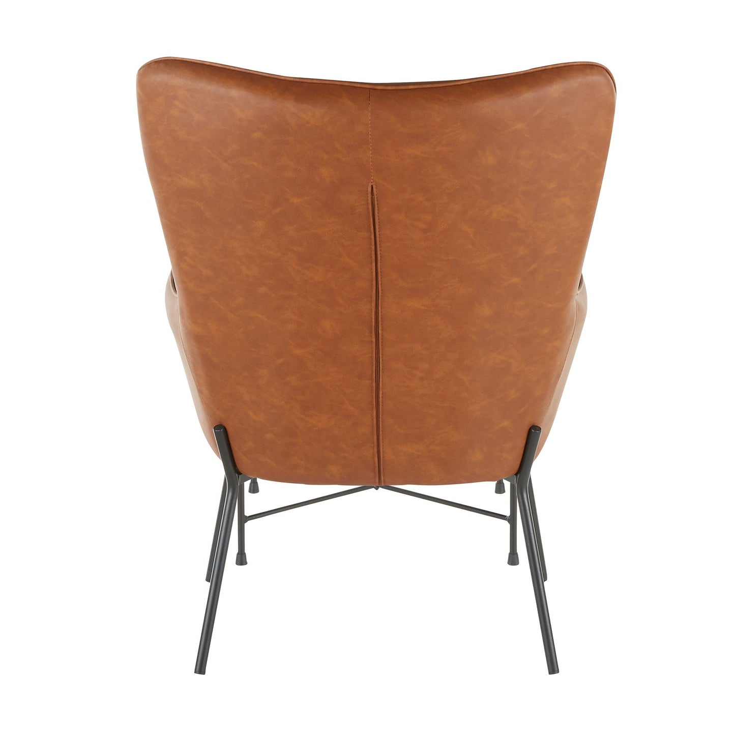 The Izzy - Industrial Lounge Chair & Ottoman Set features a brown leather accent chair with black metal legs, shown from the back. Its design is smooth and curved, highlighted by visible center stitching.