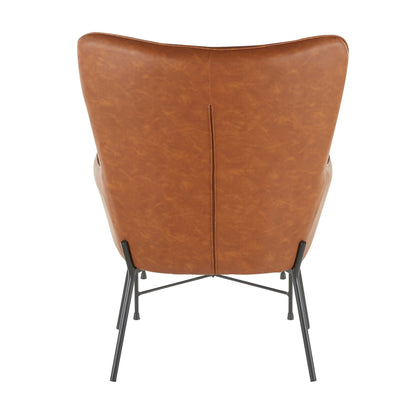 The Izzy - Industrial Lounge Chair & Ottoman Set features a brown leather accent chair with black metal legs, shown from the back. Its design is smooth and curved, highlighted by visible center stitching.