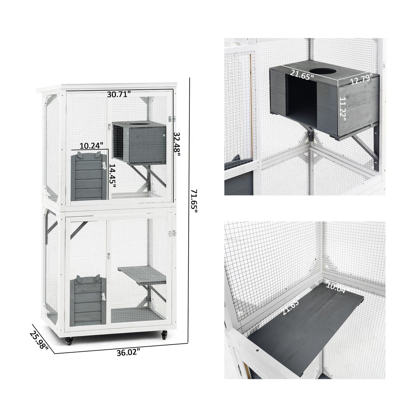 The Xpt016 Outdoor Indoor Cat Pet Climbing Rack Play Cage in white features three levels, ramps, a box with round opening, and a shelf. Size: 71.65" H x 36.02" W x 30.71" D, with close-up details of the box and shelf included.