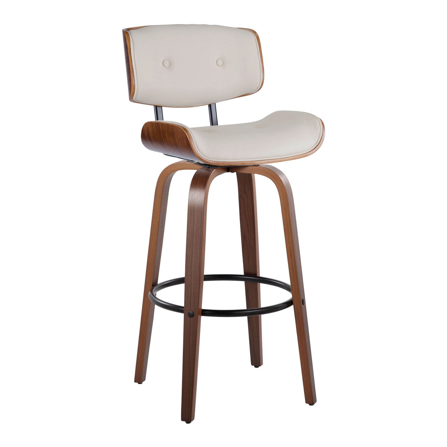 The Lombardi Mid-Century Modern Barstool set features a curved wooden frame, padded cream seat and backrest, and a black round metal footrest. Set of 2 with fixed height and swivel function.