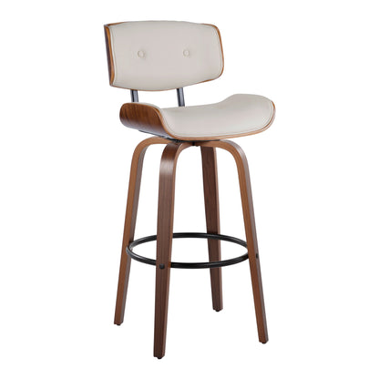 The Lombardi Mid-Century Modern Barstool set features a curved wooden frame, padded cream seat and backrest, and a black round metal footrest. Set of 2 with fixed height and swivel function.