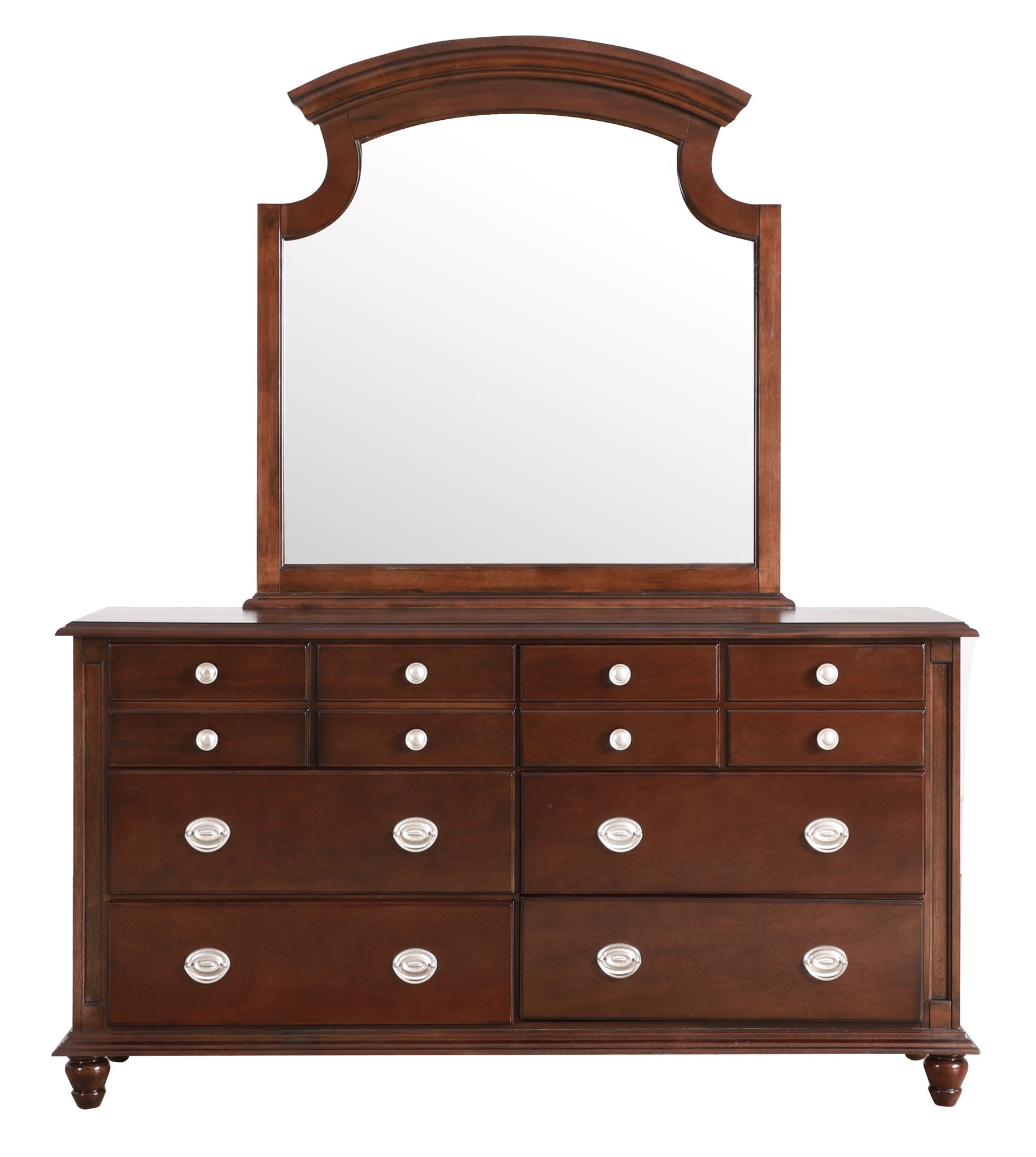 The Elegant Traditional Dresser features nine drawers with silver knobs and a large, arched mirror in a wooden frame, all displayed against a white background.