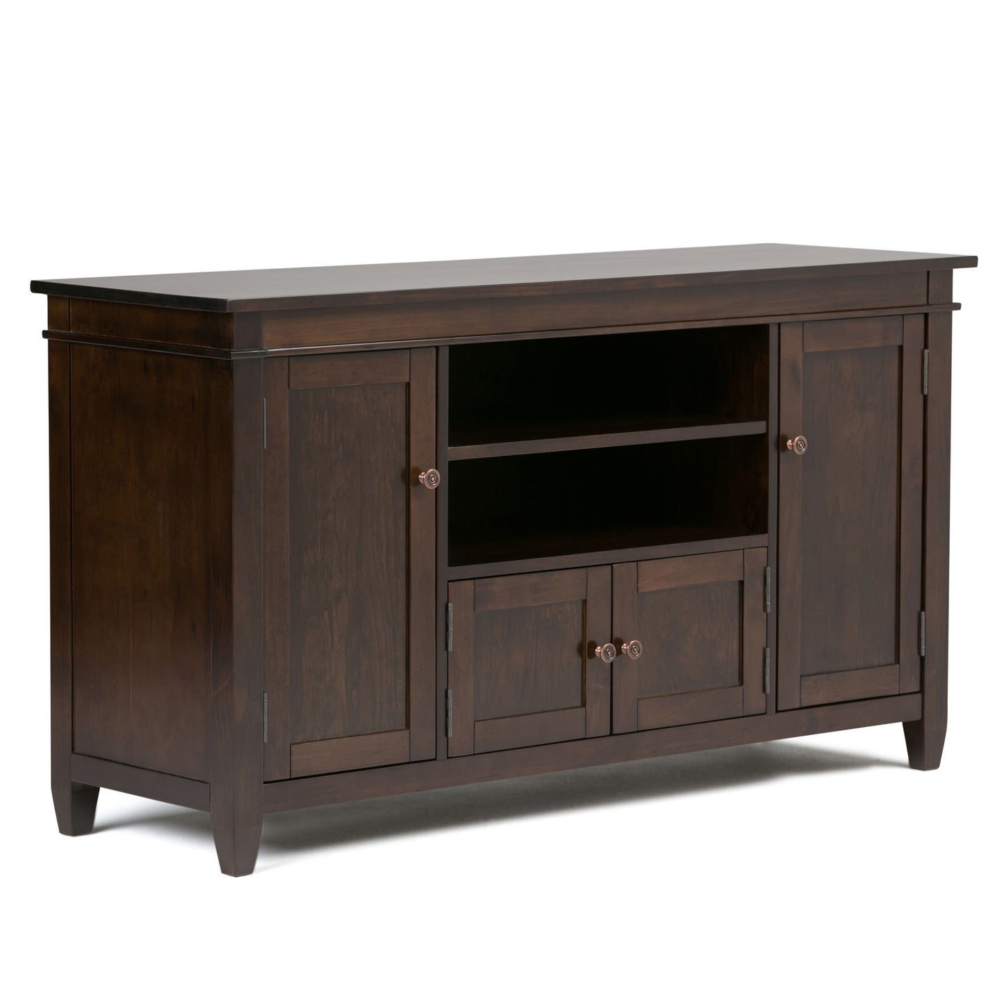 The Carlton TV Media Stand features a dark brown wood finish, two end cabinets, central shelves, two small drawers beneath, simple metal knobs, and clean classic lines.