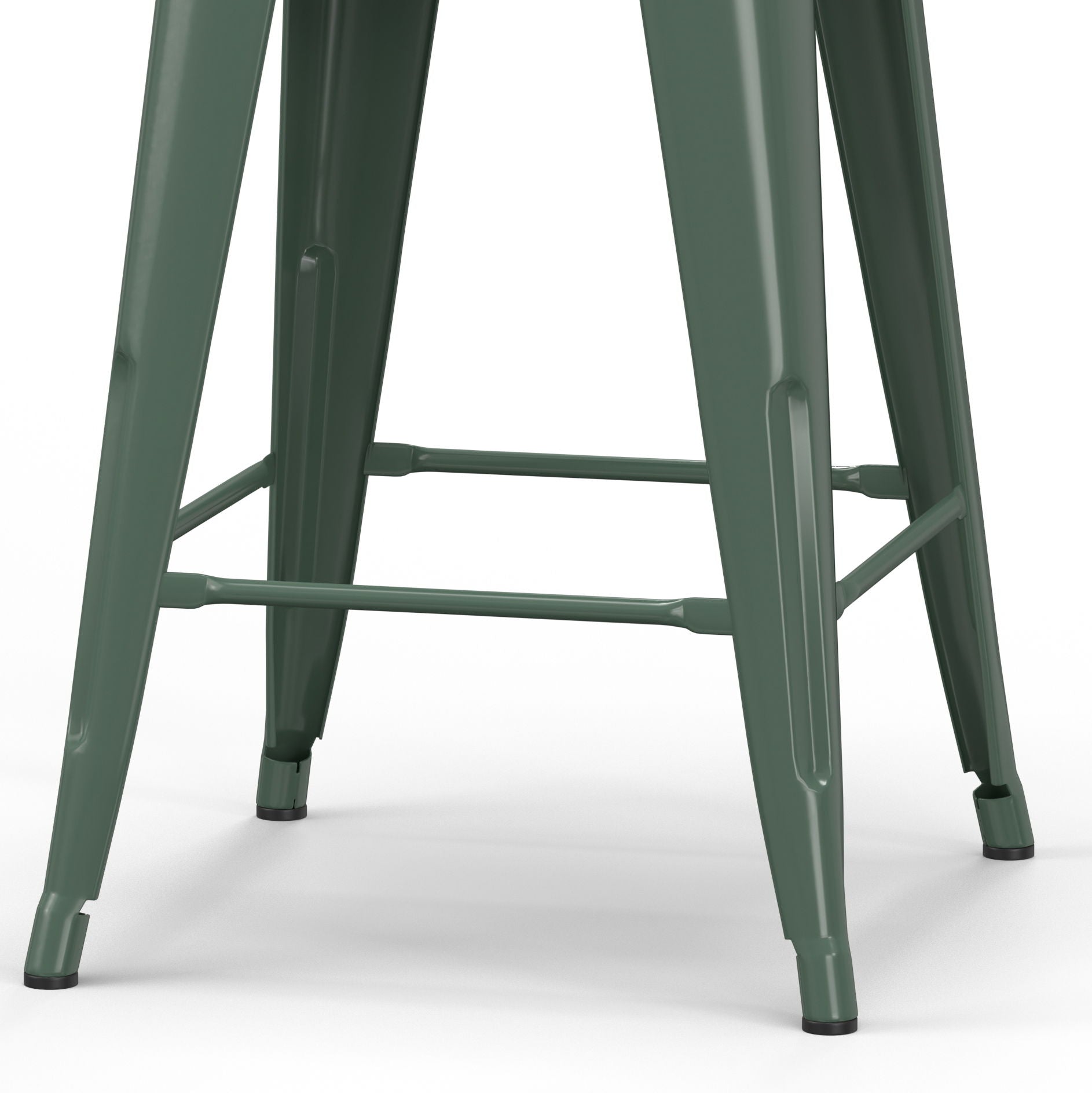 Close-up of the lower part of the Rayne - Multifunctional Metal Stool, featuring four angled green metal legs with horizontal support bars, shown on a white surface.