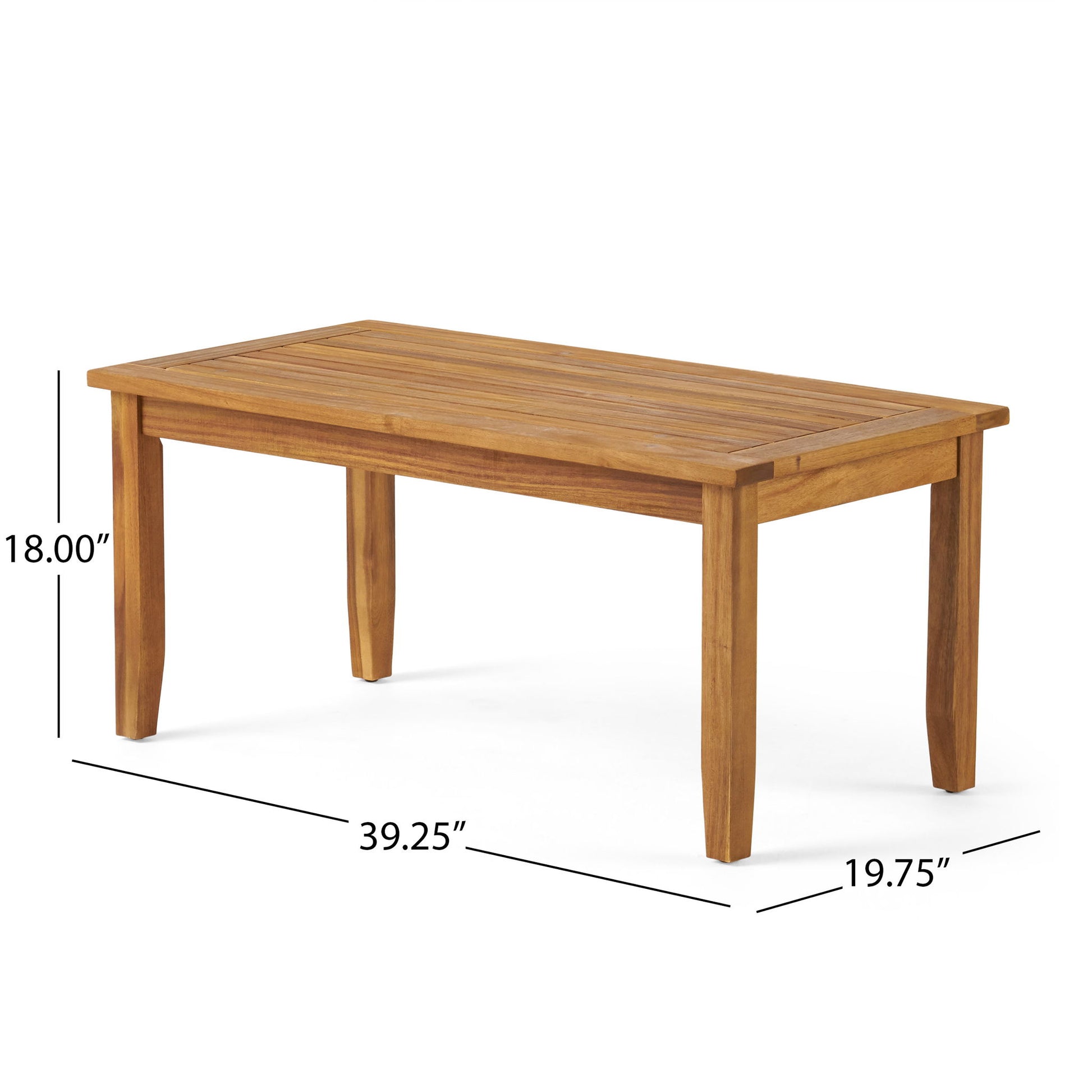 The Outdoor Chat Set includes a rectangular coffee table with four legs, measuring 39.25" L x 19.75" W x 18" H, with dimensions labeled beside and below the table.