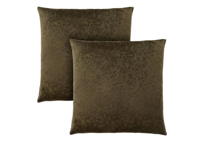 Two hypoallergenic square decorative throw pillows with inserts, in olive green featuring a subtle textured leaf pattern, are displayed against a white background. Modern design.