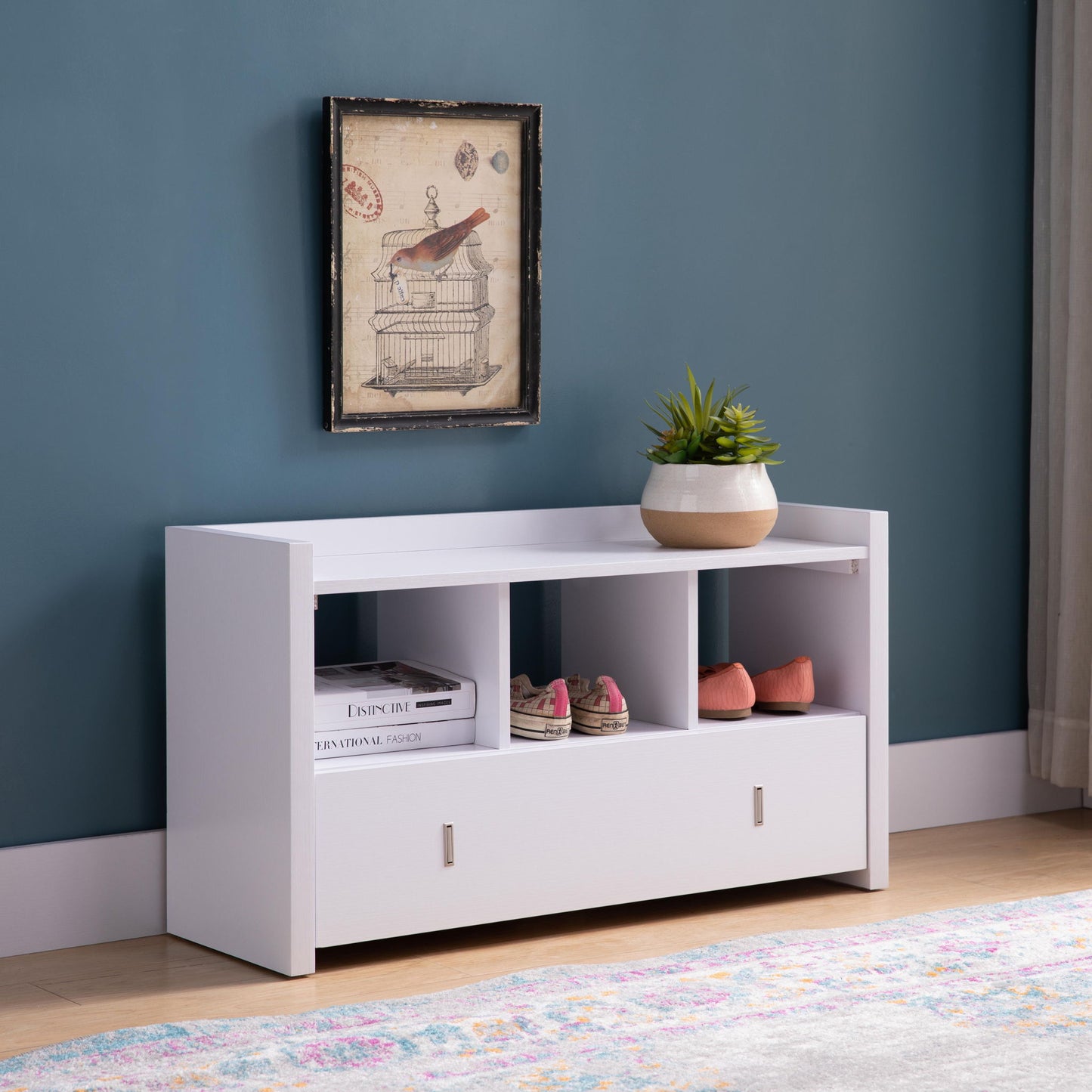 A Shoe Entry Bench With Three Shelves and a divided-compartment drawer holds shoes, books, and a plant. Above it hangs bird-cage artwork. The setup is against a blue wall with light wood flooring.