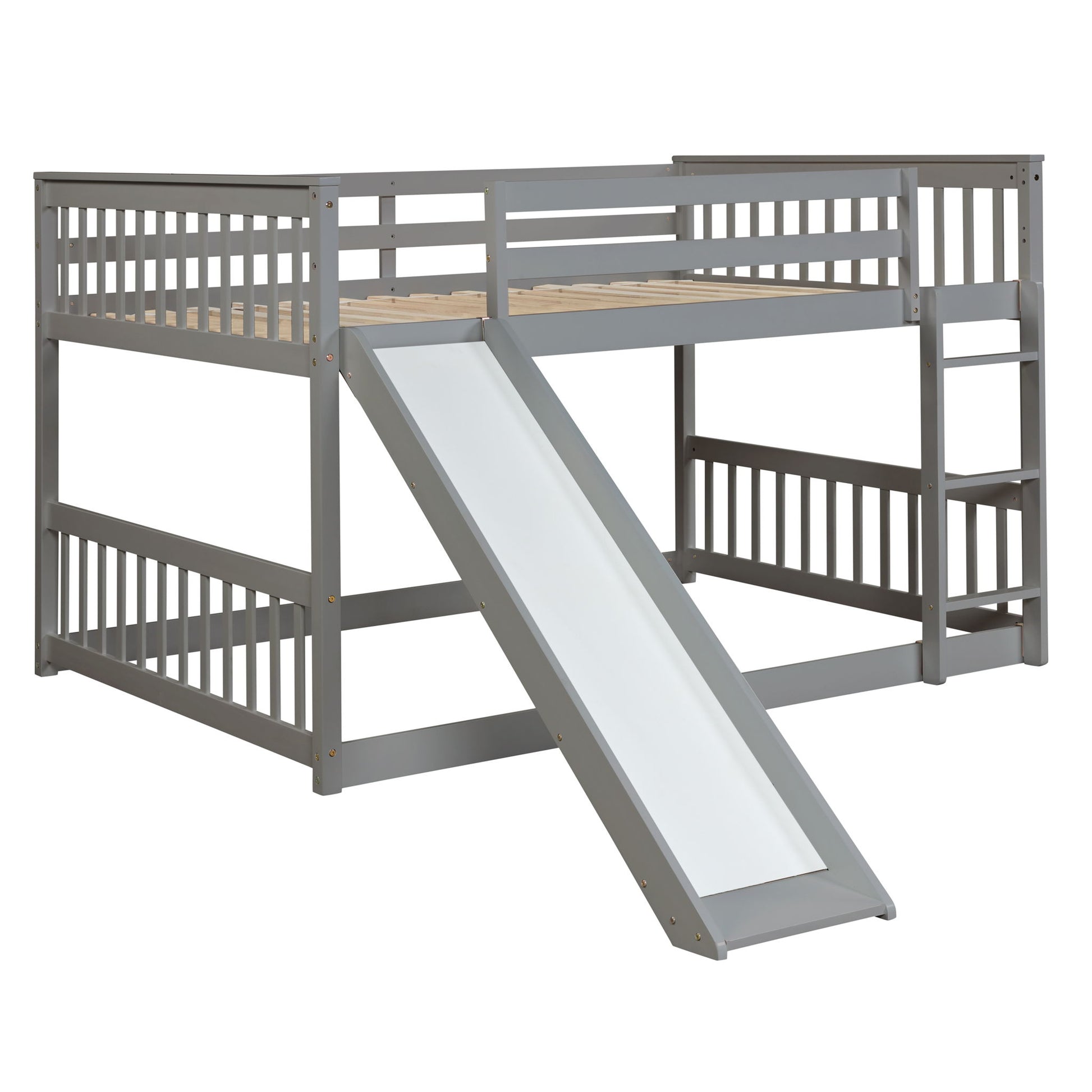 The Bunk Bed With Slide And Ladder features a gray wooden frame, right-side built-in ladder, guardrails for safety, and a front white slide for fun floor access.