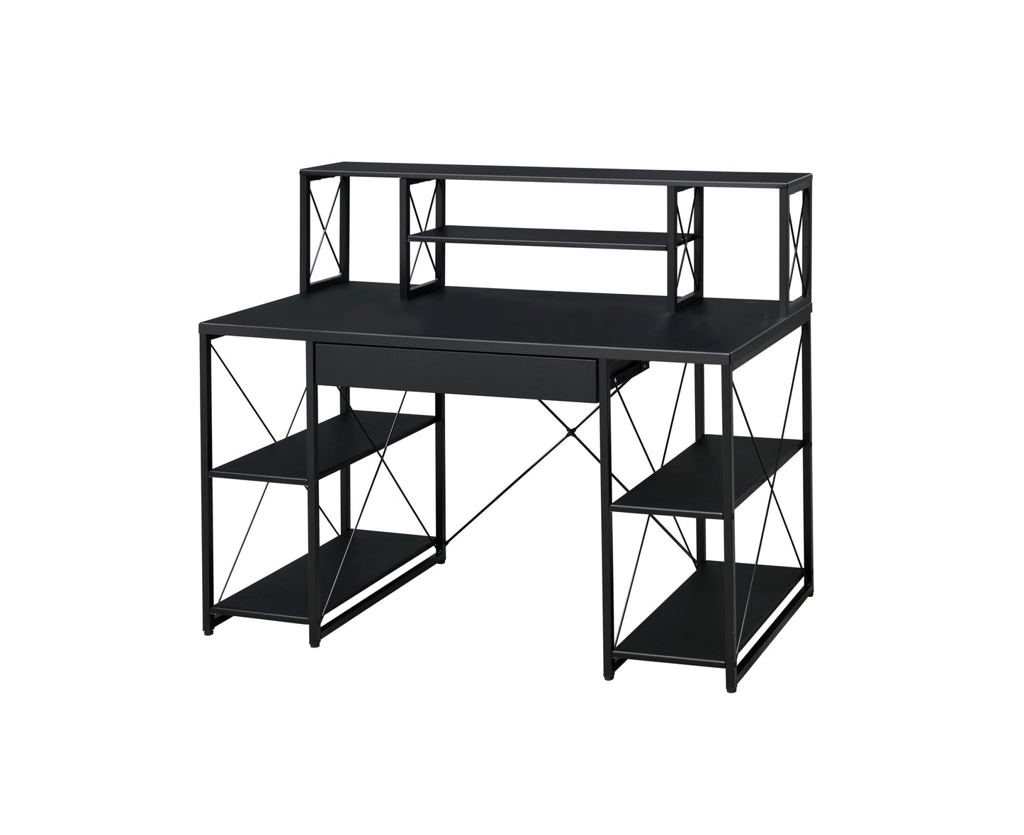 The Amiel All Purpose Writing Desk features a modern black metal design with open shelves on both sides and a raised back shelf, offering extra storage and workspace.
