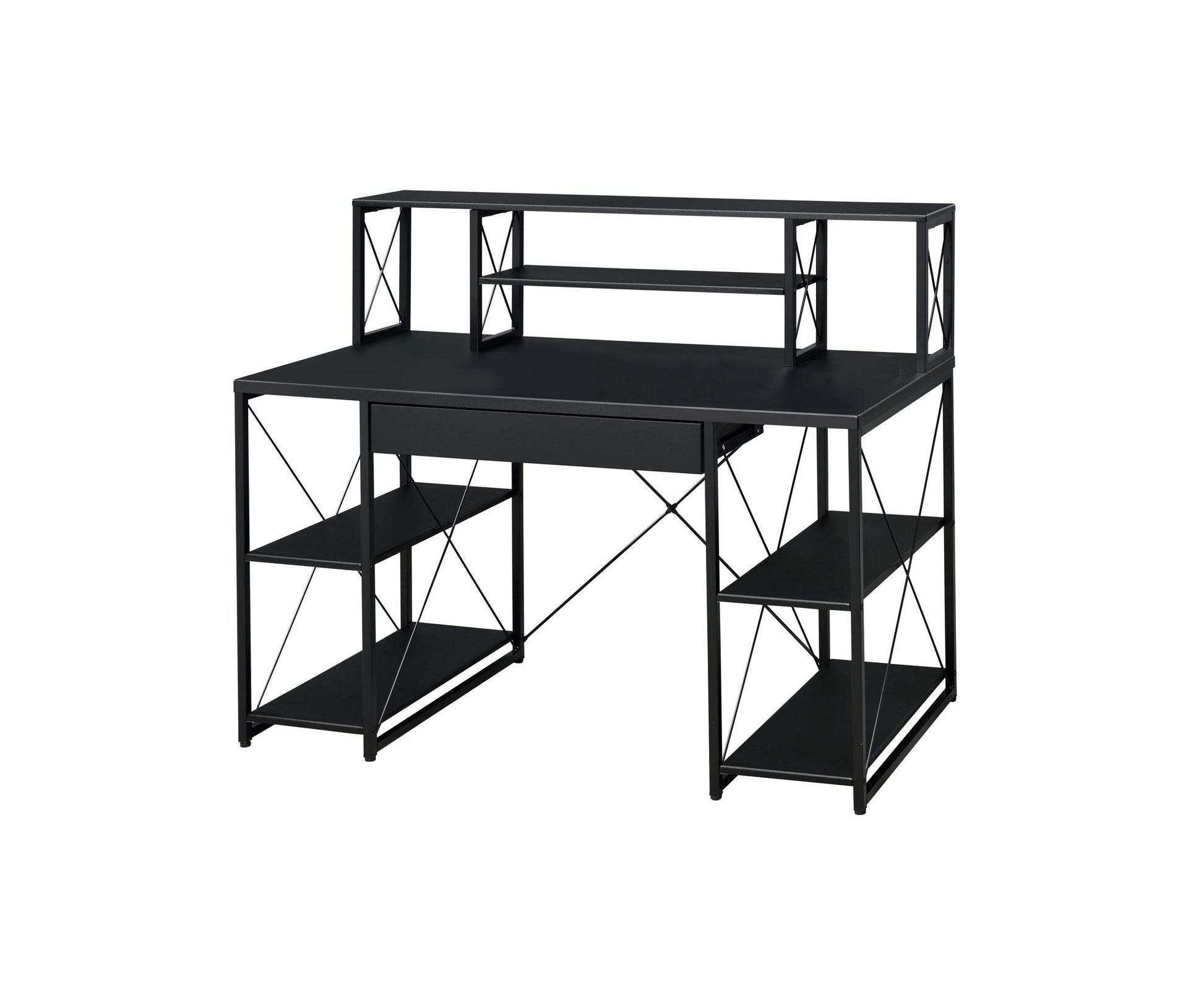 The Amiel All Purpose Writing Desk features a modern black metal design with open shelves on both sides and a raised back shelf, offering extra storage and workspace.