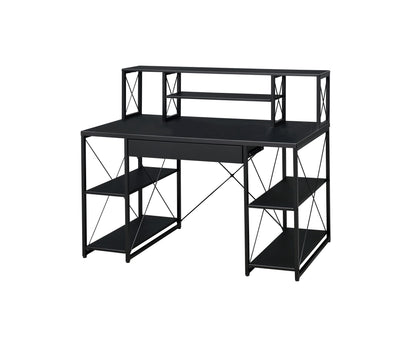 The Amiel All Purpose Writing Desk features a modern black metal design with open shelves on both sides and a raised back shelf, offering extra storage and workspace.