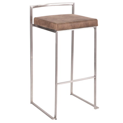 The Fuji Stackable Barstool features a contemporary, elegant design with a minimalist metal frame, square legs, backrest, and a cushioned brown seat.