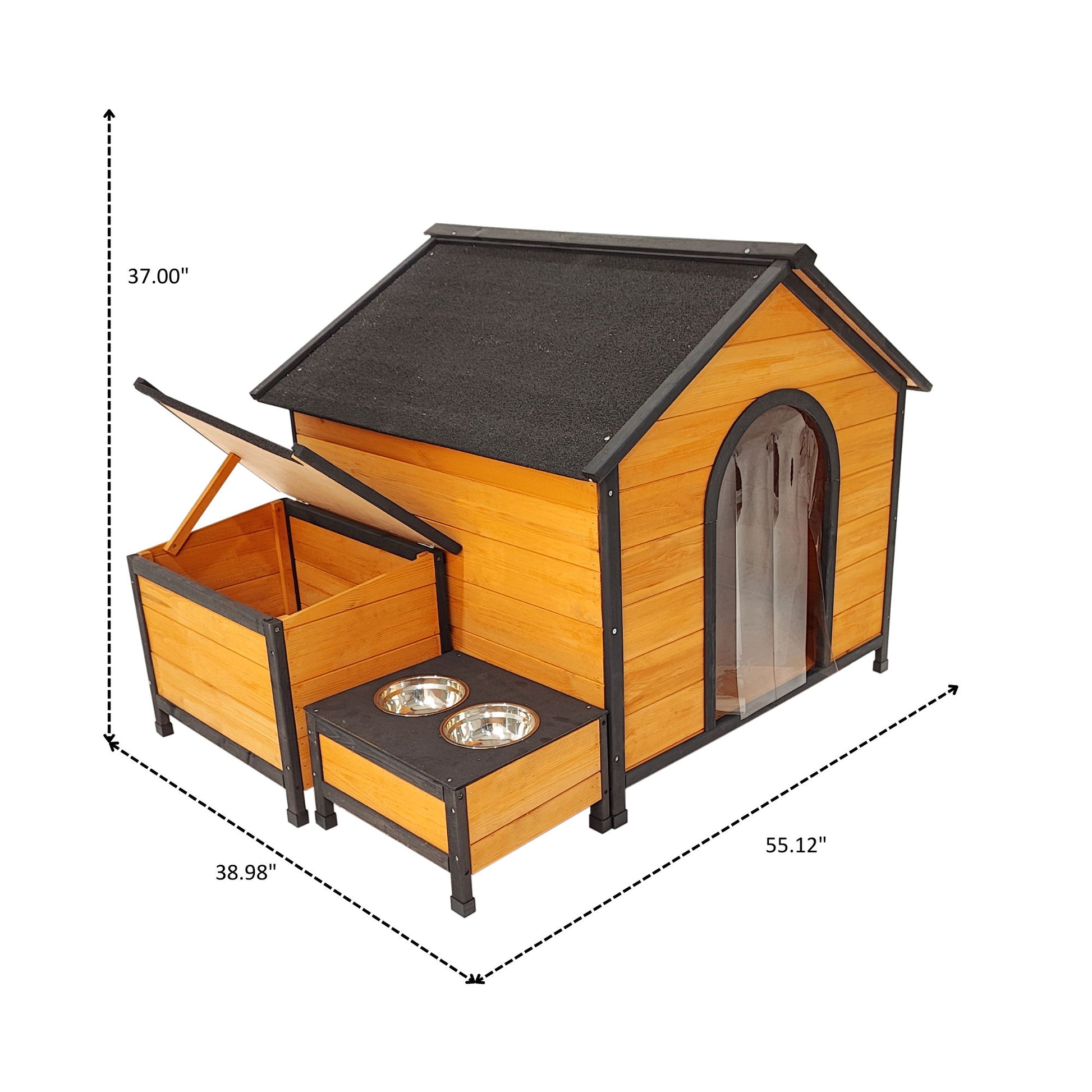 The Xpt088 Wearable And Strong Dog House For Playground - Natural features a slanted black roof, attached storage with lift-up lid, two metal bowls, and measures 37" H x 38.98" W x 55.12" L—ideal for outdoor use.